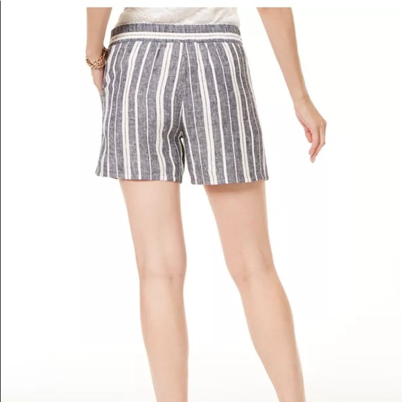 NEW INC Linen Blend Chambray Blue Striped Tie Waist Shorts - Picture 2 of 8